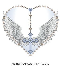 Vector design of winged cross with heart-shaped rosary, heart-shaped rosary with wings, symbology of the Catholic religion