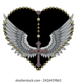 Vector design of winged cross with heart-shaped rosary, heart-shaped rosary with wings, symbology of the Catholic religion