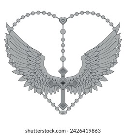 Vector design of winged cross with heart-shaped rosary, heart-shaped rosary with wings, symbology of the Catholic religion