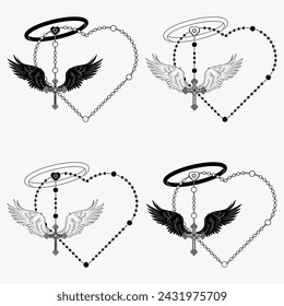 Vector design of winged cross with heart-shaped rosary, heart-shaped rosary with wings, symbology of the Catholic religion