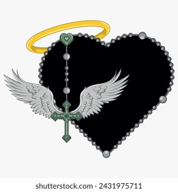 Vector design of winged cross with heart-shaped rosary, heart-shaped rosary with wings, symbology of the Catholic religion