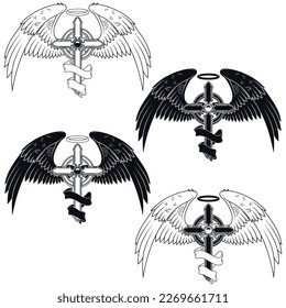 Diseño vectorial de la cruz alada con cinta, cruz celestial con alas, simbología cristiana del paraíso
