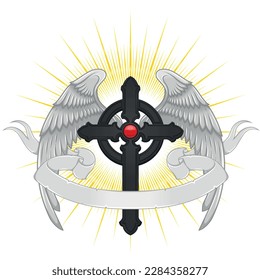 Vector design of winged cross with ribbon, heavenly cross with wings, Christian symbology of paradise