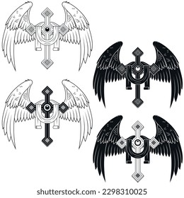 Vector design of winged cross with ribbon, heavenly cross with wings, Christian symbology of paradise