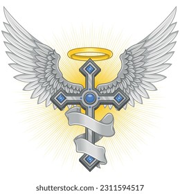 Vector design of winged cross with ribbon, heavenly cross with wings, Christian symbology of paradise