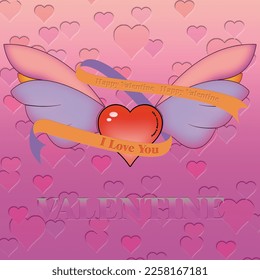 Diseño vectorial de un corazón alado con una cinta larga y con fondo rosa para un tema valentino