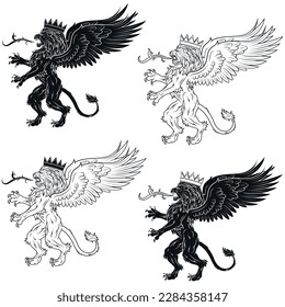 Vector design of winged rampant lion with crown, heraldic lion with wings, winged fantasy creature