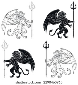 Vector design of winged rampant lion with trident, heraldic lion with wings, winged fantasy creature
