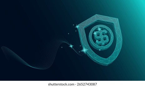 Design vetorial. Protetor em dólar wireframe emitindo energia de proteção financeira. Conceito de defesa cibernética, seguro de dinheiro digital, segurança bancária on-line, gestão de riscos fintech.