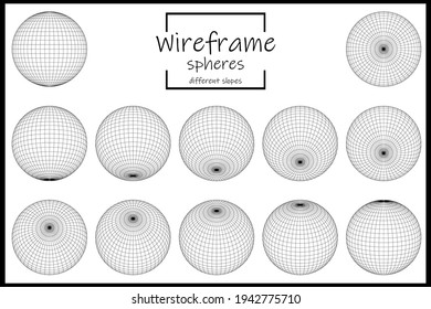  Vector design with wireframe sphere globes on white isolated. Wireframe globes in different slopes, positions. Globe icons