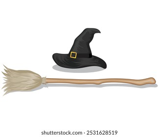 vector design of a witch's broom made of brown wood and also a black witch's hat