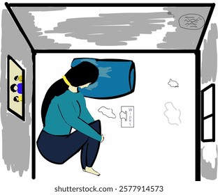 Vector design of woman curled up in bedroom with pillow and wall with graffiti and family photo and tissue box