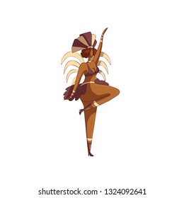 Vector design of woman in dancing action. Brazilian samba dancer. Girl in bikini and headdress with feathers