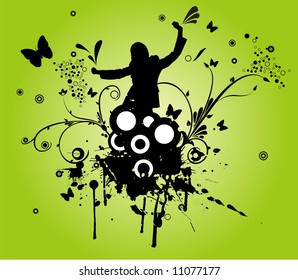 vector design of woman dancing and grunge flower ornaments