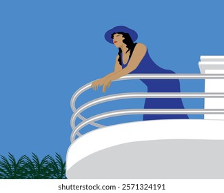 vector design of a woman in a dark blue shirt and hat standing on the balcony of the house while enjoying the view of the blue sky