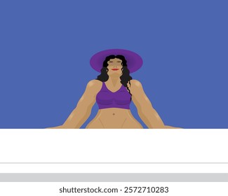 vector design of a woman in a hat basking in the sun on a blue sky background