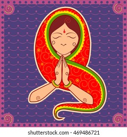 Vector design of woman of India welcoming gesture in Indian art style
