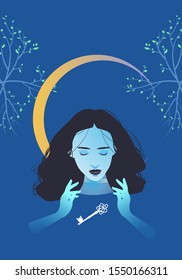 Vector design of a woman with a key necklace for a novel book