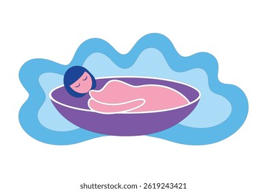 Vector design of a woman lying in a sound bath, surrounded by therapeutic sound waves gently enveloping her, creating a relaxing atmosphere with soft colors and peaceful vibes on a white background.