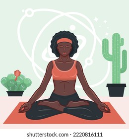 Vector design of woman meditating in lotus flower position, woman doing yog
