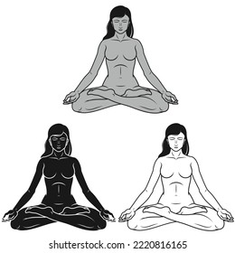 Vector design of woman meditating in lotus flower position, woman doing yog