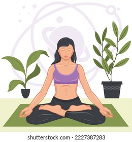 Vector design of woman meditating in lotus flower position, woman doing yog