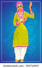 Vector design of woman performing Bhangra folk dance of Punjab, India