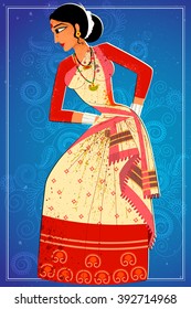 Vector design of woman performing Bihu folk dance of Assam, India