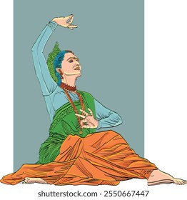 Vector design of woman performing classical and folk dance of India