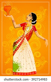 Vector design of woman performing Dhunuchi dance of Bengal, India