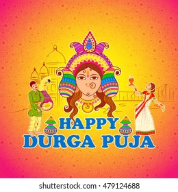 Vector design of woman performing Dhunuchi dance of Bengal for Durga Puja in Indian art style