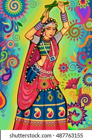 Vector design of woman playing garba dance for Dussehra Dandiya night during Navratri