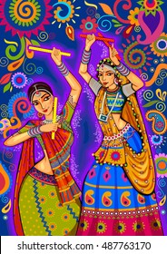 Vector design of woman playing garba dance for Dussehra Dandiya night during Navratri