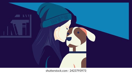 vector design of a woman wearing a hat hugging a pet dog, design in flat style