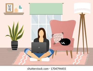A vector design of a woman is working at living room with a sleeping cat. Working remotely from home flat illustration.