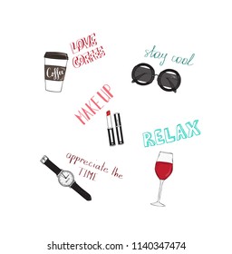 Vector design for women tshirt with slogans and icons. Motivational quotes Love coffee, Stay cool, Value time, Relax, Makeup. Hand drawn illustration.