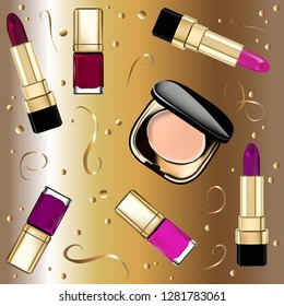 Vector design women's cosmetics on a gold background. Vector design elements for infographic, web, internet, presentation.