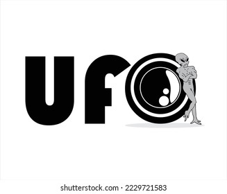 vector design of a word that says the word UFO and the letter O is made on it become an alien ship seen from the top view with a caricature sketch of an alien figure seen leaning on the alien's plane