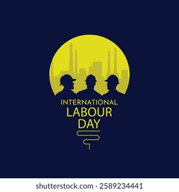 Vector design of worker silhouette in yellow bulb shape with industrial city atmosphere, suitable for international labor day celebration.