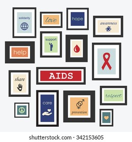 Vector design for World AIDS Day poster banner or card design with frames and icons  symbolizing AIDS and HIV cross, ribbon, drop of blood and supporting words and quotes