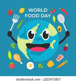 vector design world food day in flat style with happy the earth holding fork and spoon