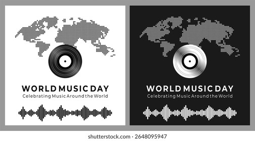 Vector design for World Music Day featuring a vinyl record, sound wave, and pixelated world map on light and dark backgrounds.