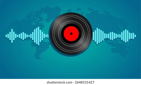 Vector design for World Music Day featuring a vinyl record, sound wave, and pixelated world map, perfect for music event posters and banners.