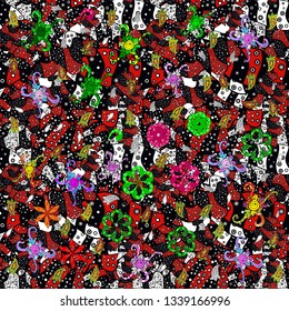 Vector. Design wrapping and gift paper, greeting cards, banner and posters design. Doodles red, black and white on colors. Fashionable fabric pattern. Print.