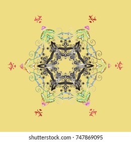 Vector design. Xmas frost snow flake isolated silhouette symbol. Winter yellow, gray and neutral christmas snow flat crystal element. Snowflake vector background. Weather illustration ice collection.