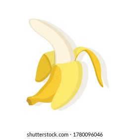 Vector design of yellow banana on isolated white background. Tasty juicy dessert, natural tropical peeled fruit. Textured effect. Logo and design element for print on fabric and greeting cards