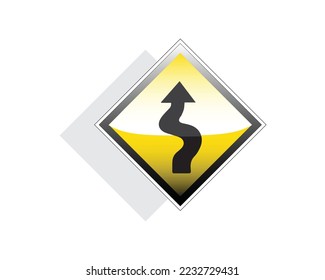 diseño vectorial de un símbolo de flecha amarilla y negra o símbolo de tráfico que indica varios dobleces con el primer giro hacia la derecha