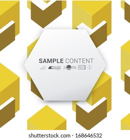 Vector design. Yellow gold isometric  edition of a minimal scalable abstract geometric hexagon  textbox with an artistic background. Layout element for web, brochure, presentation or infographics.