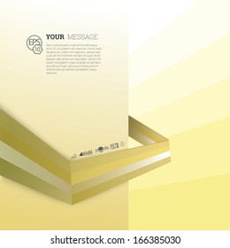 Vector design. Yellow & gold, shiny edition of an abstract geometric colorful 3d infographics illustration for web, print, infochart or brochure layout graphics element with a left arranged textbox 