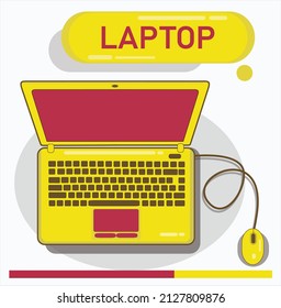 vector design of a yellow laptop keyboard and mouse on a work desk, a study table with a white background can be edited